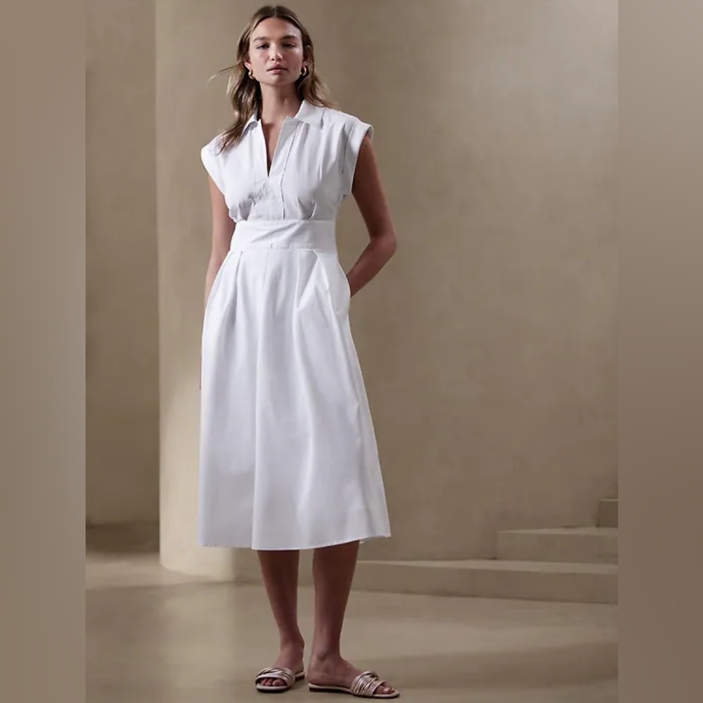 🍌 BR BAND-WAIST POPLIN MIDI DRESS